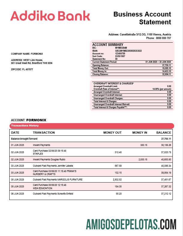 Addiko Business Bank Organization Extrato de conta em formato Word e PDF amostra